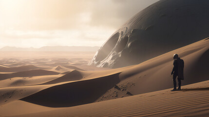 Future dune warrior is dressed in futuristic armor, clothing, standing, walking through a desert landscape. Generative AI