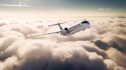 A private jet flying above the clouds, generative ai