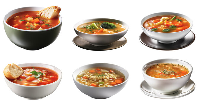 A collection of six different types of tasty soup, Generative AI