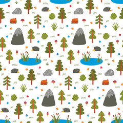 Cute summer forest trees and lake colorful childish seamless vector pattern. Vector illustration