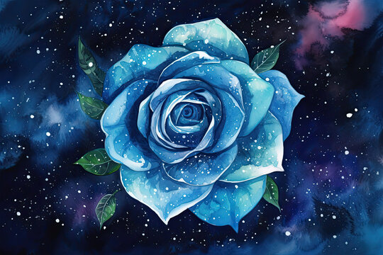 a watercolor painting of a blue rose with a cosmic and celestial effect, surrounded by a galaxy of glittering stars and shimmering nebulas