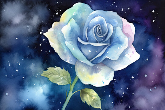 Design a watercolor painting of a blue rose with a cosmic and celestial effect, with glittering accents that make the flower seem to glow like a distant star