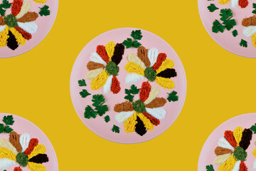 Seamless pattern. A large assortment of spices and herbs.it it's in the plate. Colorful pattern of berries, vegetables, food. view from above.close-up.background for designers
