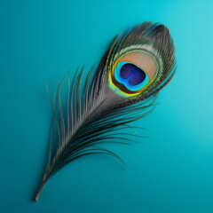 peacock feather isolated on blue background, made with generative ai