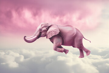 illustration of a flying pink elephant in fantasy sky, made with generative ai