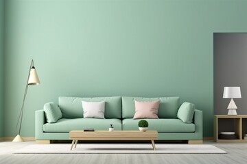 interior background furniture couch pillow lamp comfortable wall design cushion three-dimensional style. Generative AI.