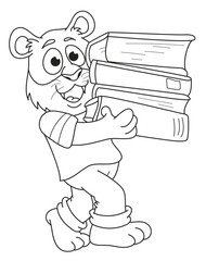 Coloring page outline of the cartoon smiling cute tiger with books. Colorful vector illustration, summer coloring book for kids.