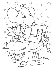 Coloring page outline of the cartoon smiling cute mouse with the bird. Colorful vector illustration, summer coloring book for kids.