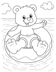 Coloring page outline of the cartoon cute bear on the sea. Colorful vector illustration, summer coloring book for kids.