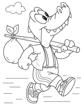 Coloring page outline of the cartoon smiling cute crocodile. Colorful vector illustration, summer coloring book for kids.