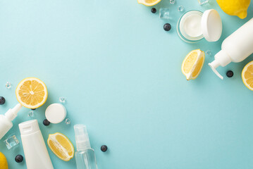 Summer citrus skincare concept. Top view flat lay of mock up cream bottles, jars, serum, pipette with lemon on pastel blue background with empty space for text or advert. Stylish and juicy