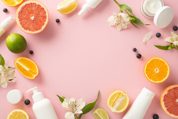 Juicy and trendy summer fruit skincare concept. Top view flat lay of mockup cream bottles, jars,...