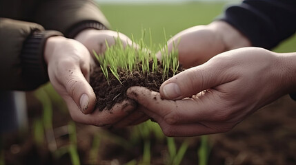 Agriculture farmers plant young green seedling in the field