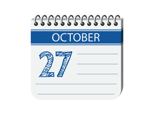 27 october calendar notebook page vector. 3d one day calendar date, appointment, event reminder illustration. Abstract three dimensional daily date appointment, agenda, event calendar.
