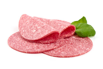 Thin salami sausage slices, isolated on white background.