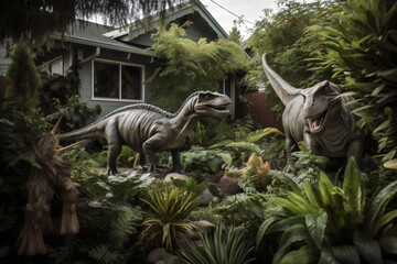house with dinosaurs in yard, overgrown garden made with generative ai