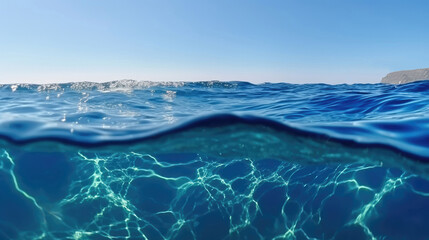 Blue under water waves and bubbles Beautiful blue sky with Generative AI Technology