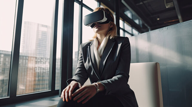Business woman in suit using virtual reality glassess modern technology