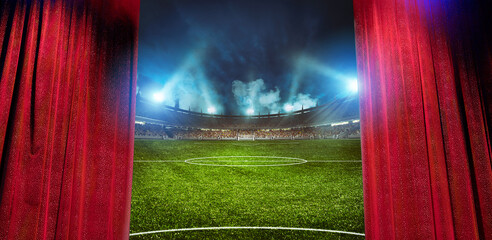 Elegant theater curtains show a soccer stadium ready to the football match