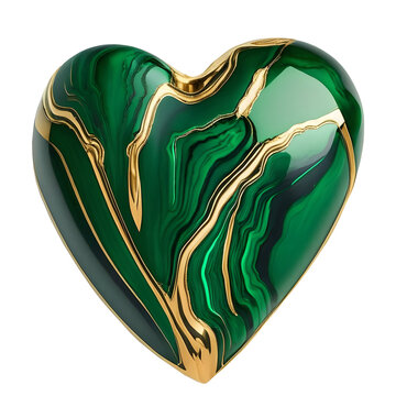 The heart is made of malachite with gold veins. A heart of stone. Malachite and gold in the form of a heart. A picture without a background in the form of a stone heart made of polished malachite.