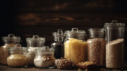 Fototapeta na wymiar Uncooked grains, cereals, and pasta are displayed in glass jars on a wooden table. Zero waste concept, clean eating, and healthy cooking. balanced meals for dieting. Generative AI