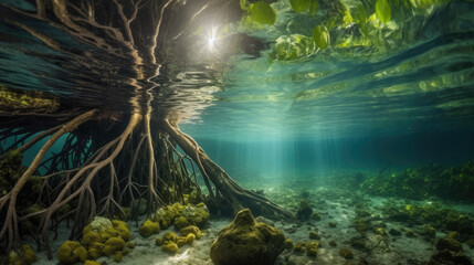 Mangrove tree and roots under water surface green foliage with Generative AI Technology - obrazy, fototapety, plakaty