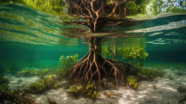 Mangrove tree and roots under water surface green foliage with Generative AI Technology