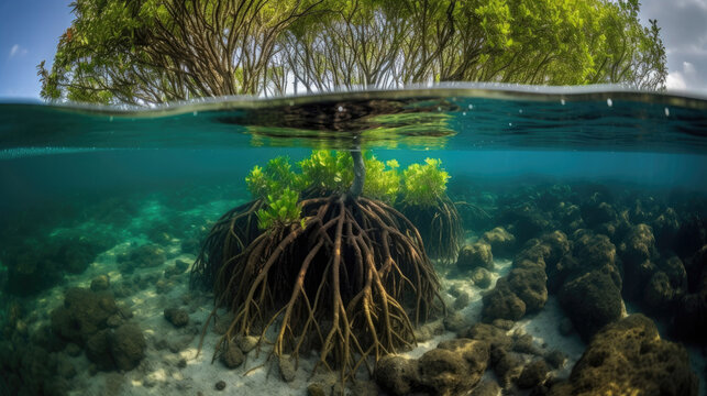 Mangrove tree and roots under water surface green foliage with Generative AI Technology