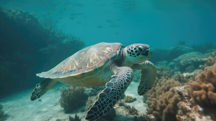 Fototapeta na wymiar Sea turtle in coral landscape Exotic marine wild life underwater with Generative AI Technology