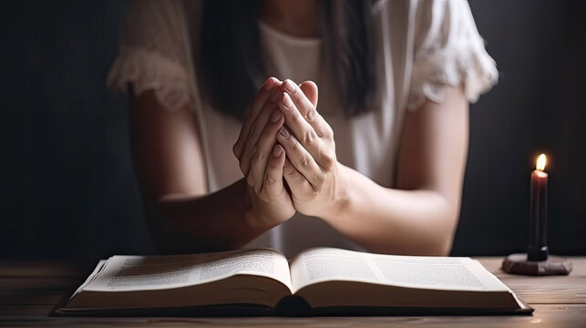 praying hands young woman prayer with hands together over holy bible with Generative AI Technology