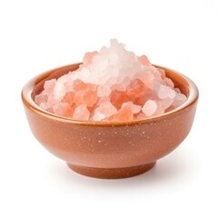 Pink Himalayan fine salt in white bowl isolated on_white. Top view. Ingredient, recipe, seasoning._