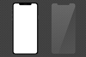 Phone on transparent backgroung wiht transparent screen with protective glass. Vector illustration.