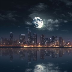 Fototapeta premium Night cityscape with a full moon ai, ai generative, illustration