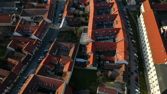 High angle footage of the streets of Trnava, car traffic on the roads, 4k