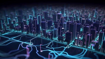Obraz na płótnie Canvas Smart city on a dark blue background, featuring intelligent infrastructure and connected buildings. This futuristic cityscape showcases IoT, 5G and AI integration. Generative AI