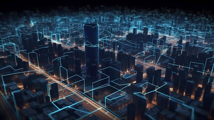 Smart city on a dark blue background, featuring intelligent infrastructure and connected buildings. This futuristic cityscape showcases IoT, 5G and AI integration. Generative AI