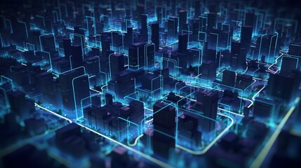 Smart city on a dark blue background, featuring intelligent infrastructure and connected buildings. This futuristic cityscape showcases IoT, 5G and AI integration. Generative AI