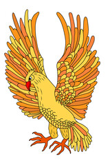 A yellow bird with wings raised up is drawn on a white background.