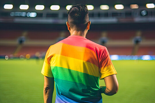 Soccer player from de back with rainbow flag color t-shirt. Campaign against homophobia in sport. Gay, transgender, non-binary and lesbian concept. Fight for LGBT rights. Generative AI.