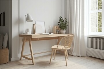 Mockup interior for wooden desk, home office Scandinavian design, 3D render. Generative AI