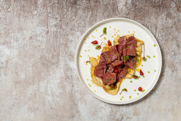 Homemade pancakes with pastrami