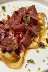 Homemade pancakes with pastrami