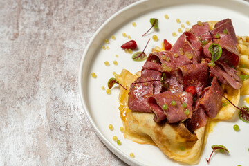 Homemade pancakes with pastrami