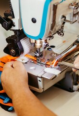 someone is sewing on a sewing machine with an orange and blue tie