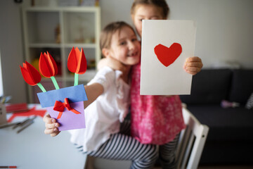 craft for kids. cards with heart and bouquet of paper flowers for mother's day, March 8 or...