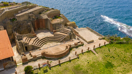 Aerial view of the Odeon of the imperial villa in the archaeological park of Pausilypon. The...