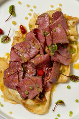 Homemade pancakes with pastrami