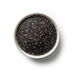 Black sesame seeds, isolated on white background. Top view. Ingredient, recipe, salad.