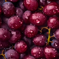 Generative fresh red grape seamless background by AI, close-up view of red grape adorned with water droplets.