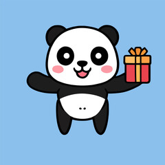 Flat cartoon vector design for cute animals, Cute mascot for a panda animal carrying a gift box